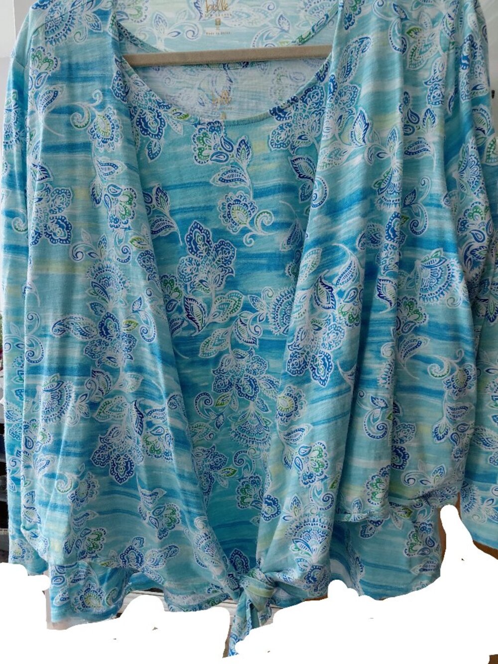 Belle by Kim Gravel - Size XL Printed Slub Knit Shrug & Tank Set - Aqua Floral